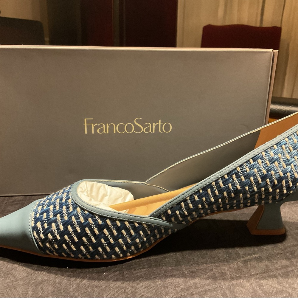 Franco Sarto Blue and Cream Woven Heels